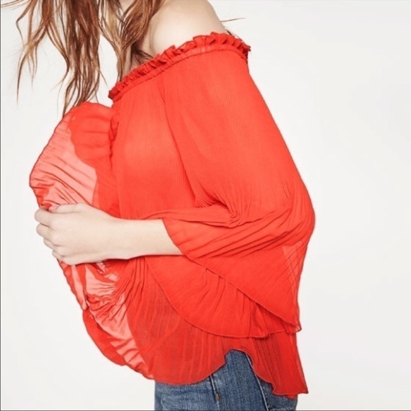 Zara Pleated Red Off-Shoulder Sheer Top Stretch - Picture 2 of 6